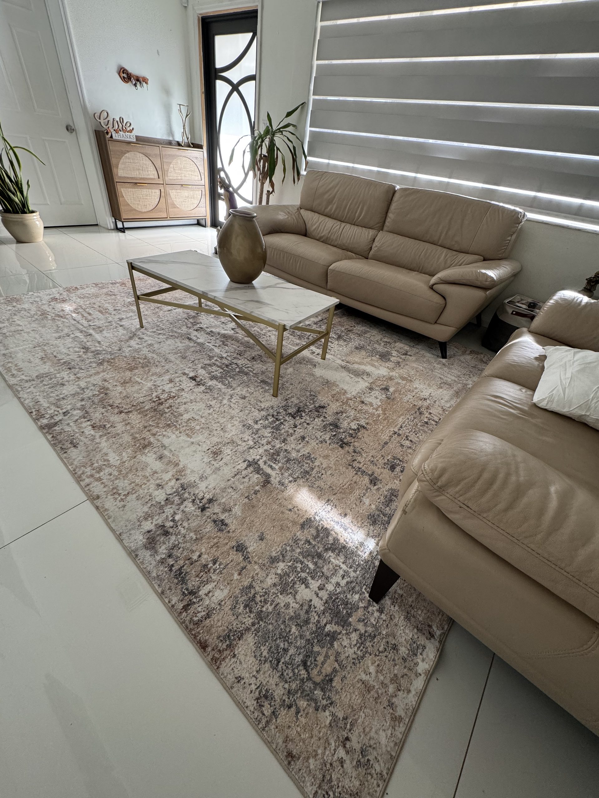 Neutral beige area rug in modern elegant living room